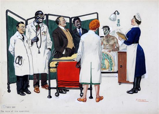 Sergei Drigin (1894-1977) Caricatures relating to a staying in a hospital for a heart operation 10.5 x 15in., unframed